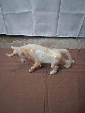 Carved Marble Bull Figurine in White and Honey Tones
